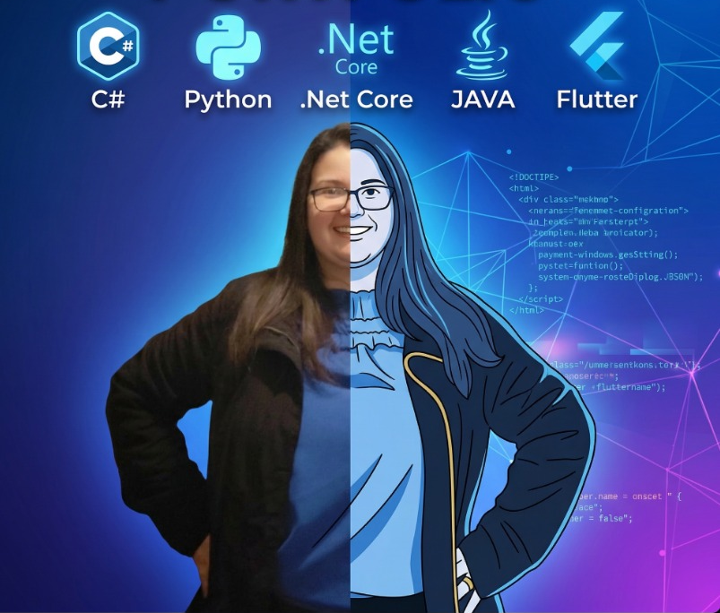 Cristiane Oliveira, desenvolvedora backend, sorri com confiança em traje profissional contra um fundo digital azul e roxo vibrante com logotipos de linguagens de programação, incluindo C#, Python, .Net Core, Java e Flutter, com código HTML visível à direita, transmitindo inovação e conhecimento técnico.